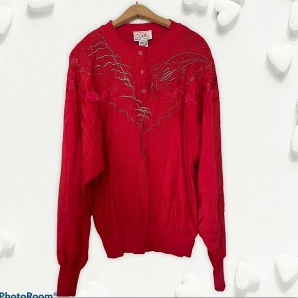 Vintage 70’s Stephanie Embellished Red Sweater L - Picture 1 of 15